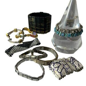 Mixed Lot 10 Bracelets Stretch Silver Tone Rhinestones Beaded Modern Boho